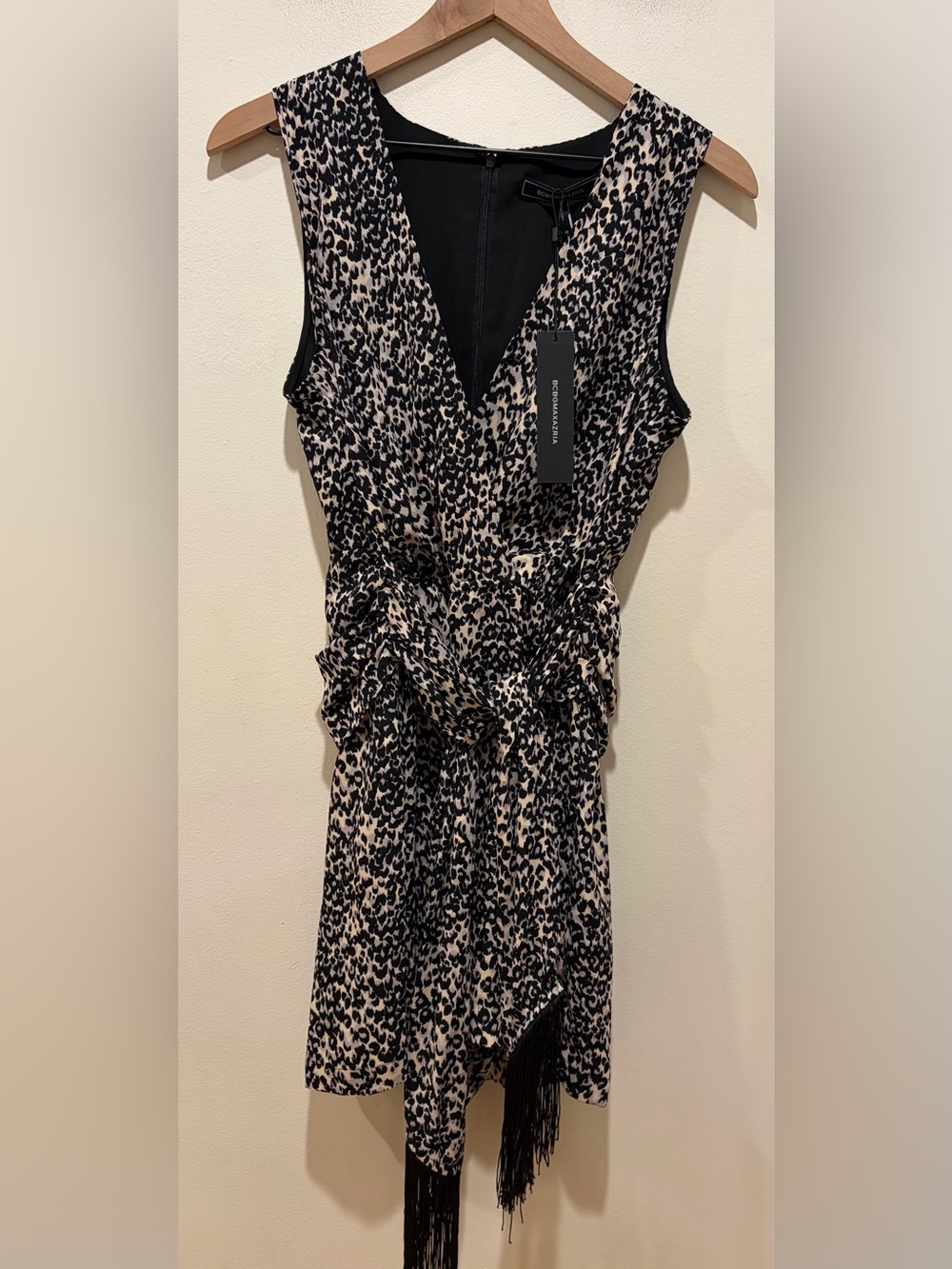 NWT BCBGMAXAZRIA Jaguar Black & Cream Fringe Tie Dressy Shorts Romper - Medium